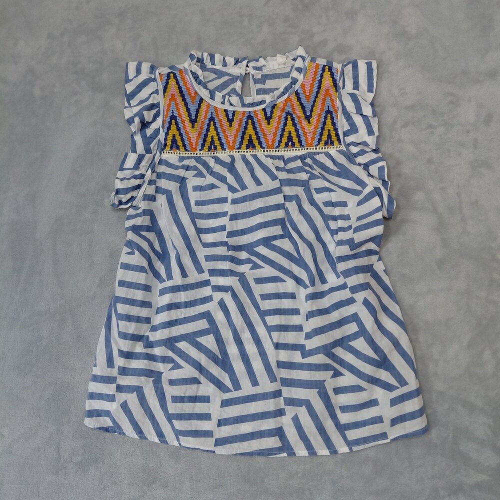 Anthro THML Womens Blue White Striped Embroidered Ruffle Sleeveless Blouse Small